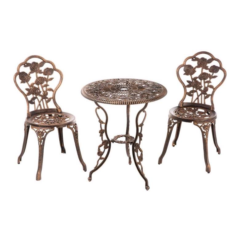 Bronze Metal Bistro Table and Chairs Set with Roses