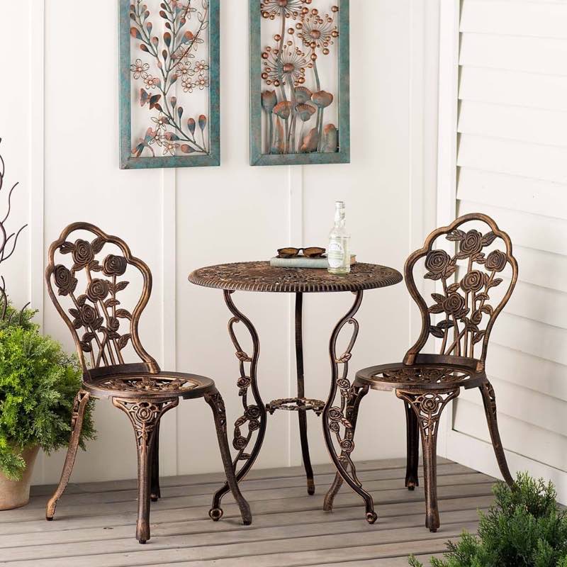 Bronze Metal Bistro Table and Chairs Set with Roses