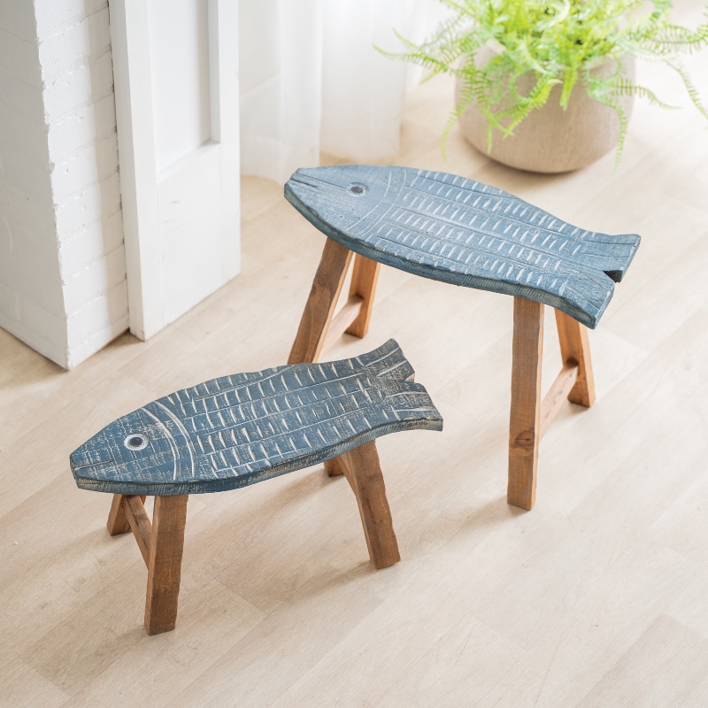 Wooden Fish Stools, Set of 2