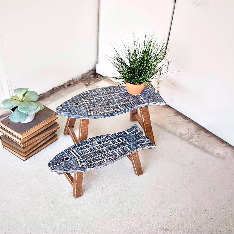 Wooden Fish Stools, Set of 2