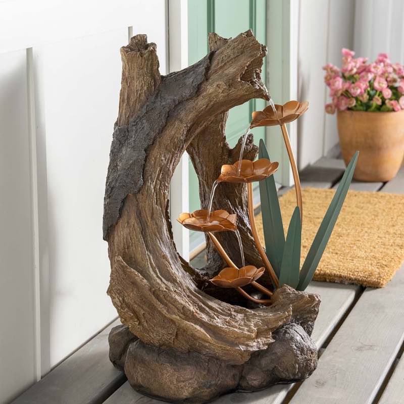 Realistic Indoor/Outdoor Woodland Stump Fountain with Metal Lily Pads