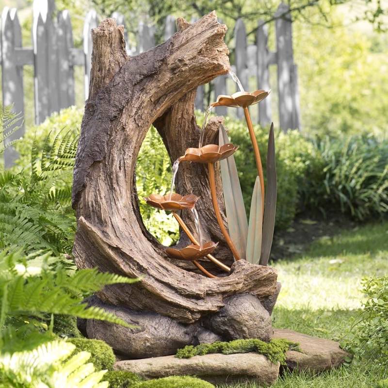 Realistic Indoor/Outdoor Woodland Stump Fountain with Metal Lily Pads