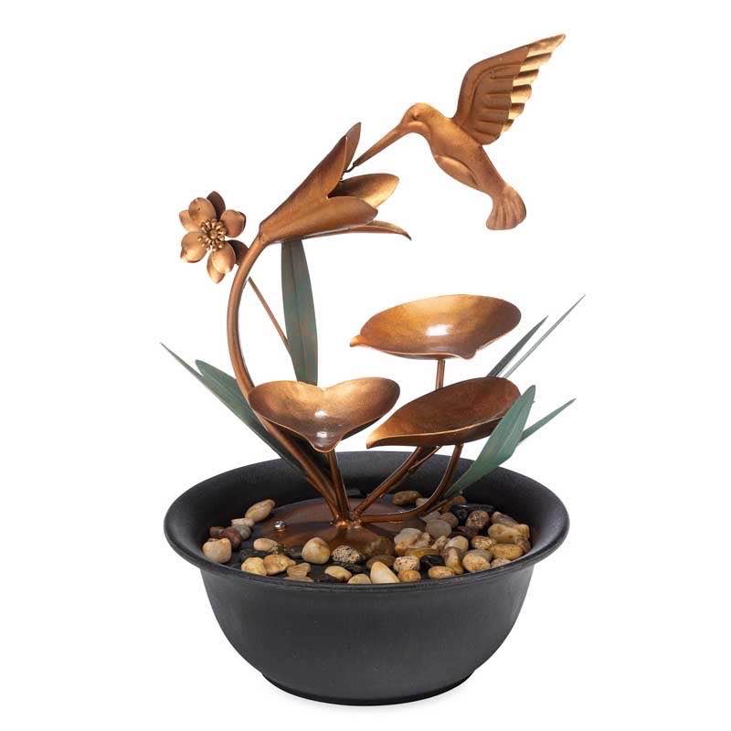 Indoor Hummingbird and Flowers Metal Fountain with River Rocks