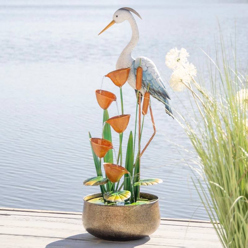 Hand-Painted Metal Heron Fountain