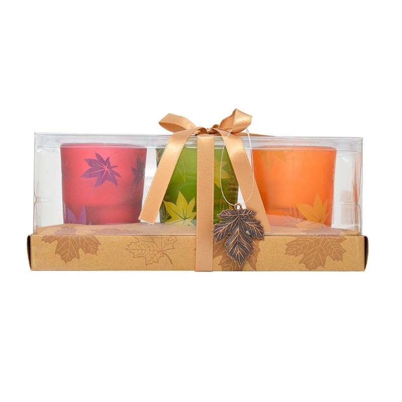 Frosted Glass Fall Leaf Votive Holders with LED Tealights, Set of 3