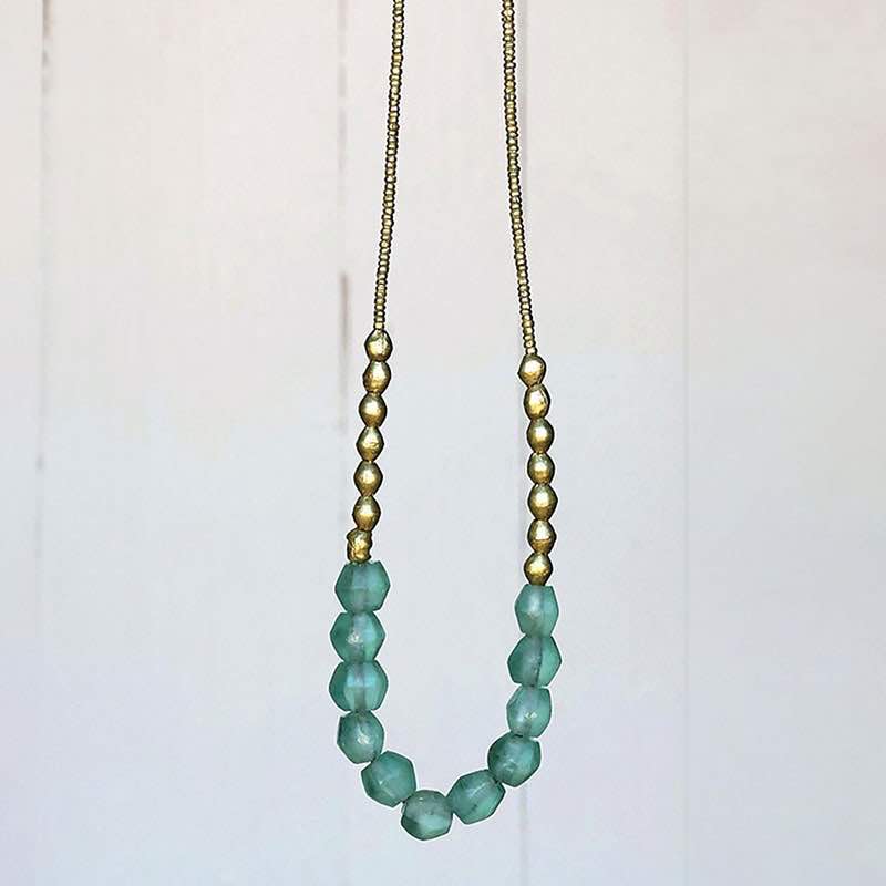 Recycled Sea Glass Beaded Brass Necklace (aqua)