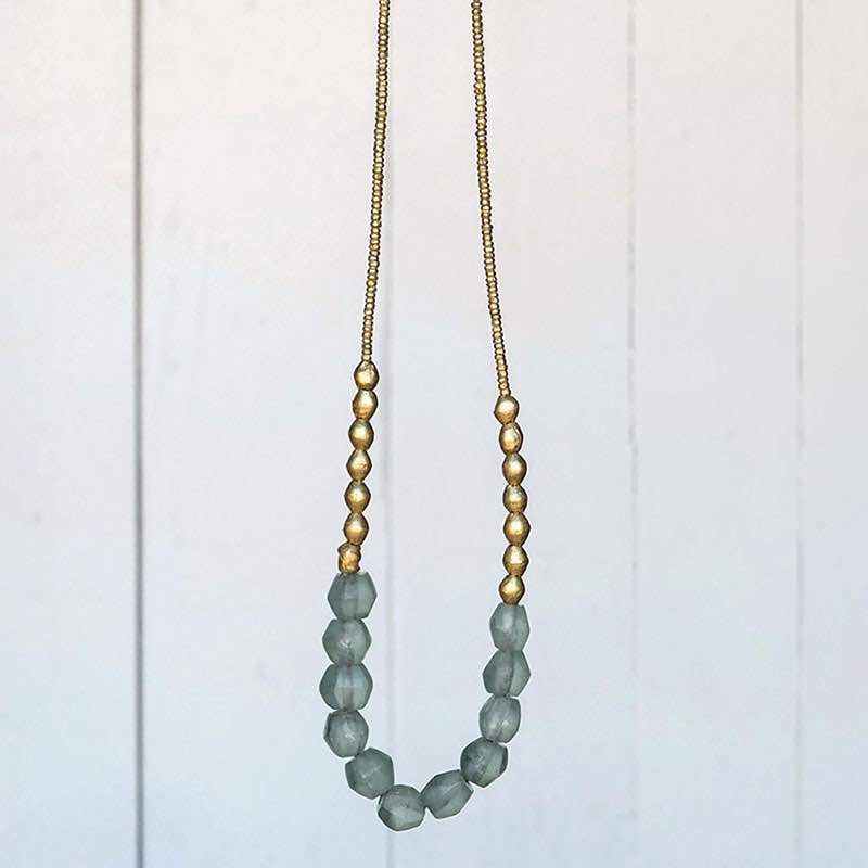 Recycled Sea Glass Beaded Brass Necklace (grey)