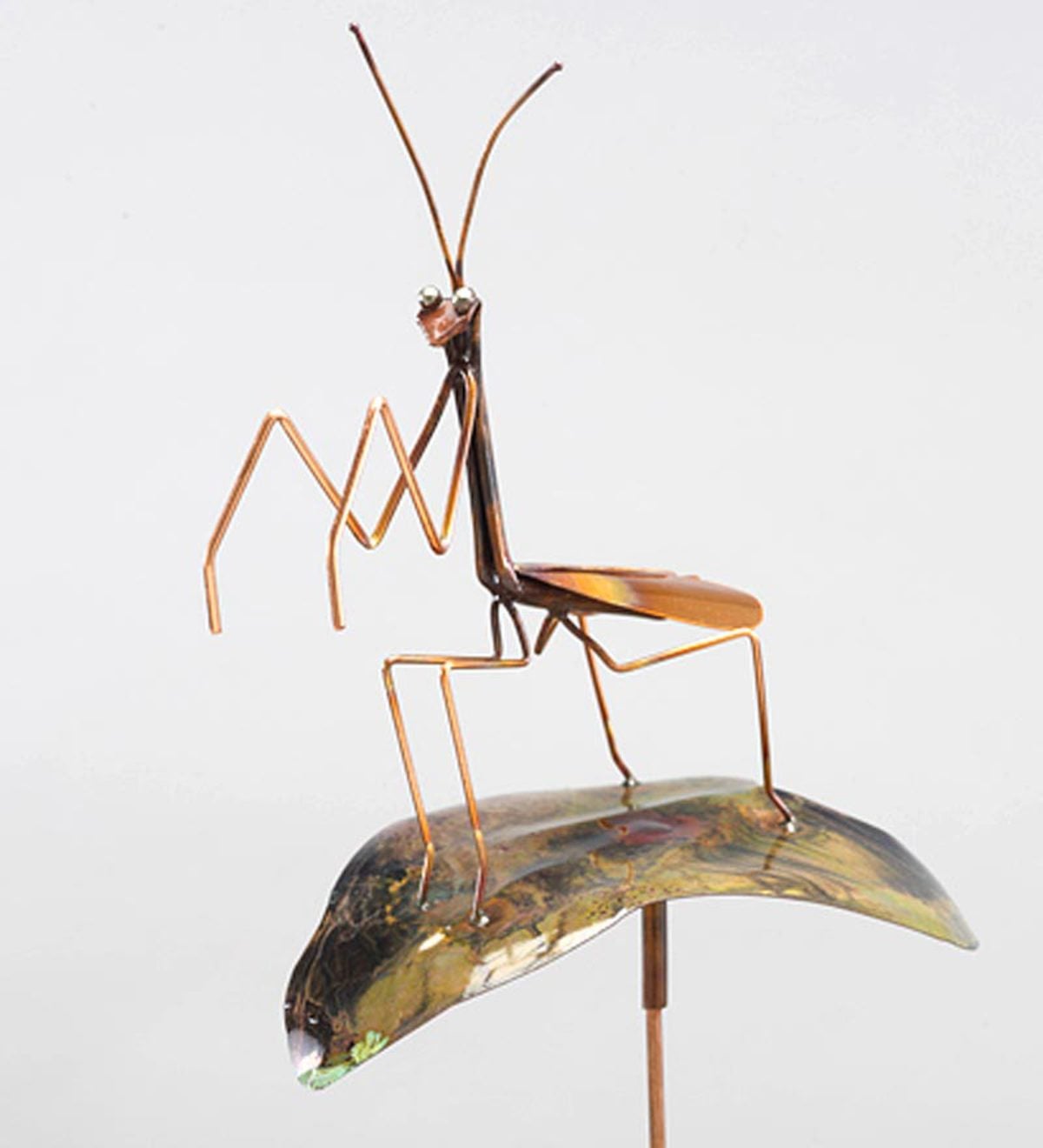Copper Praying Mantis On Leaf Garden Stake