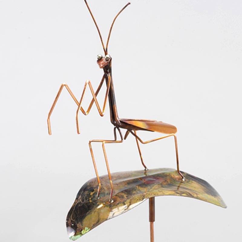 Copper Praying Mantis On Leaf Garden Stake