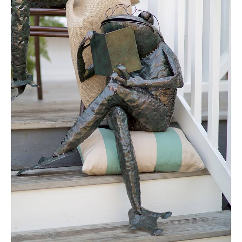 Reading Frog Metal Yard Sculpture