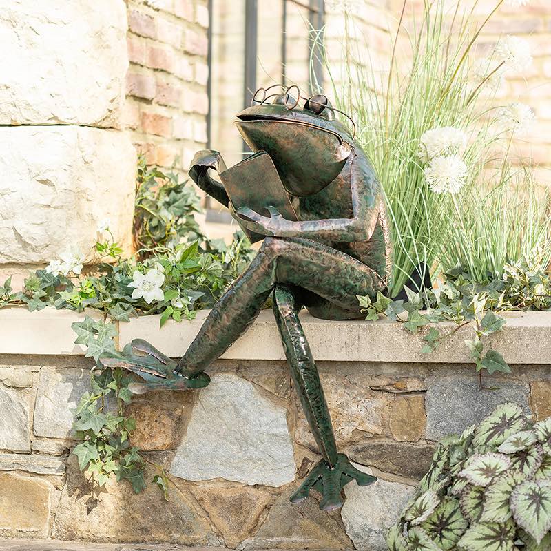 Reading Frog Metal Yard Sculpture