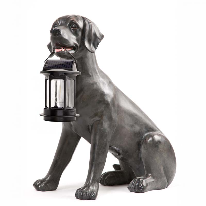 Black Labrador Dog Statue Holding A Solar Lantern