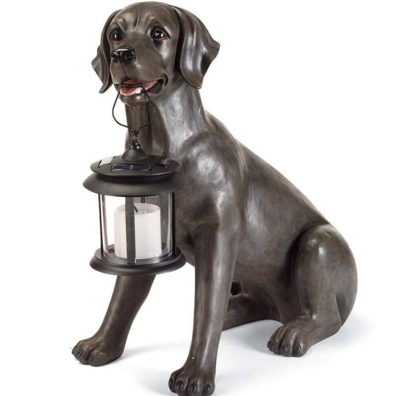 Black Labrador Dog Statue Holding A Solar Lantern