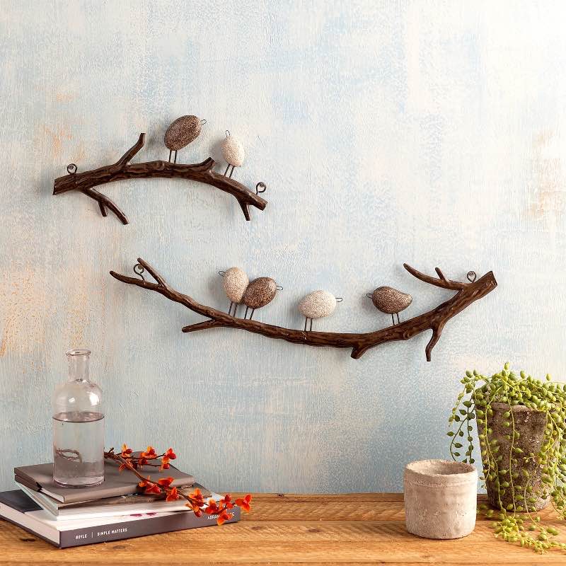 Four Faux River Rock Birds on a Metal Branch Wall Art