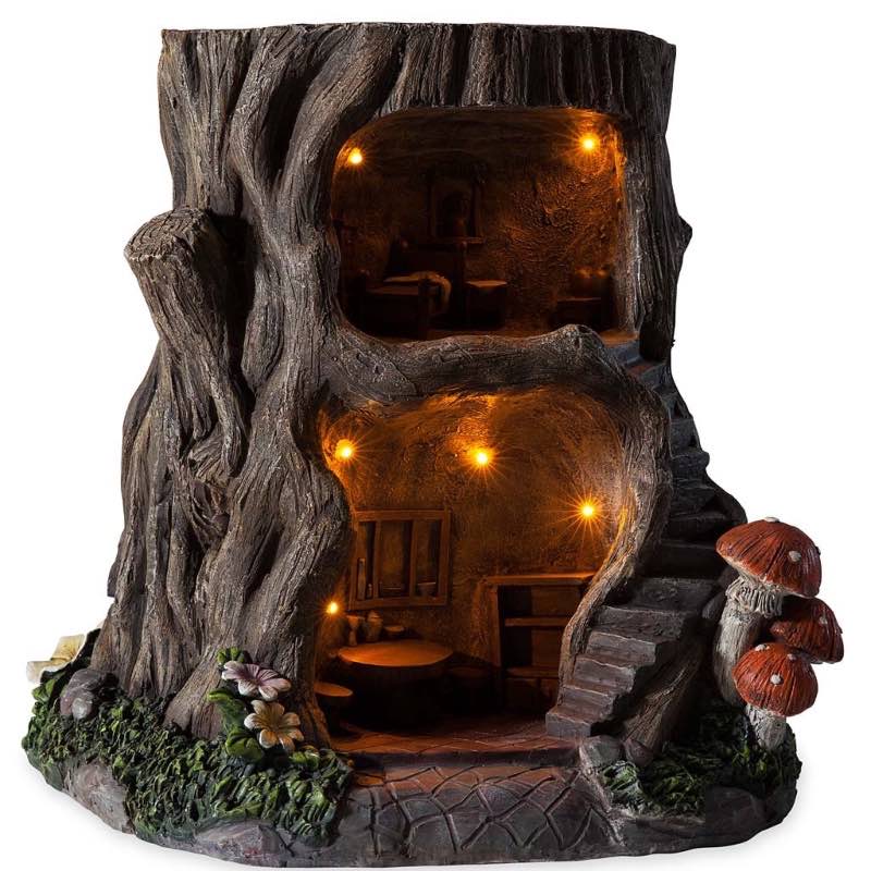 Two-Story Fully-Furnished Solar Lighted Fairy House in a Stump