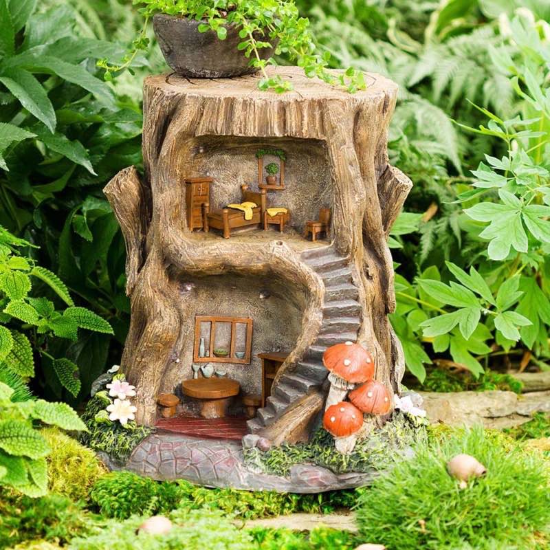 Two-Story Fully-Furnished Solar Lighted Fairy House in a Stump