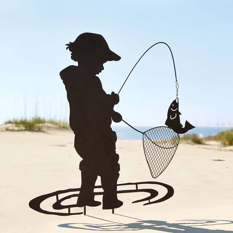 Boy Fishing Silhouette Metal Garden Stake