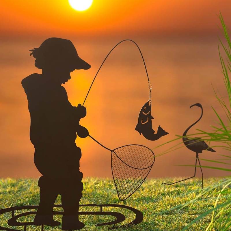 Boy Fishing Silhouette Metal Garden Stake