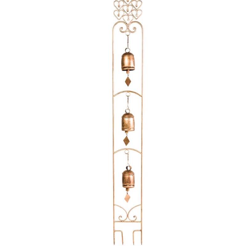 Three-Bell Wind Chime Metal Garden Stake With Weathered Bronze-Colored Finish