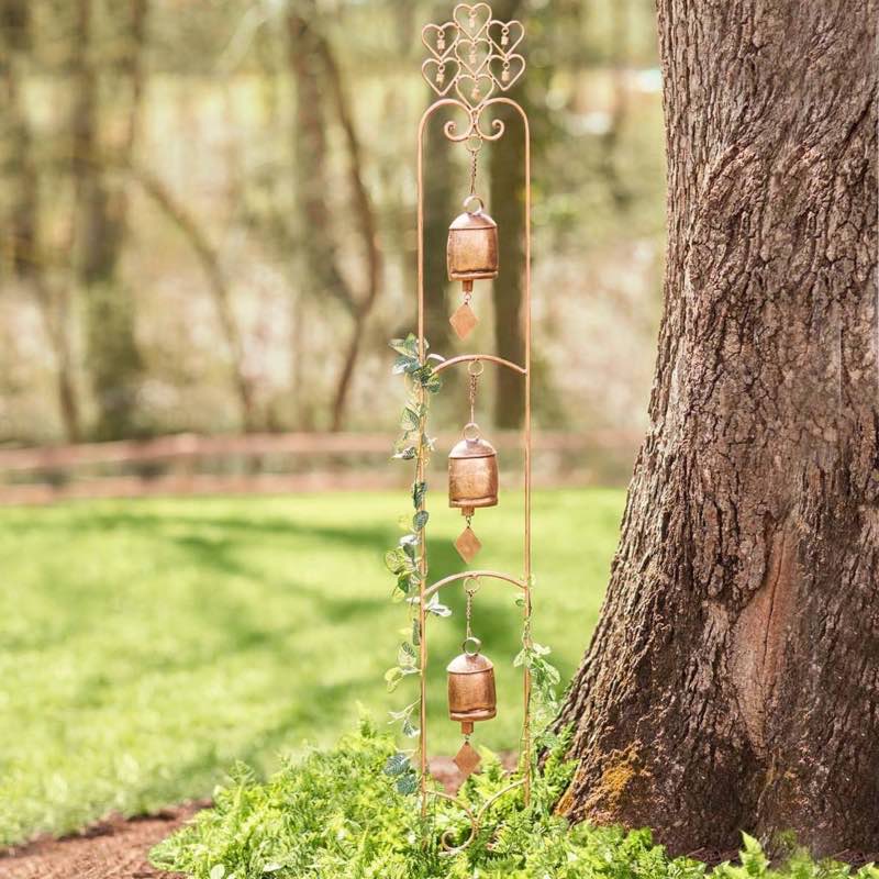 Three-Bell Wind Chime Metal Garden Stake With Weathered Bronze-Colored Finish