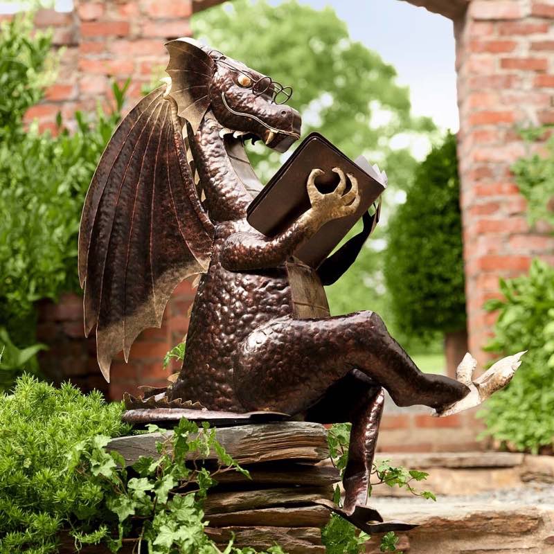 Metal Reading Dragon Sculpture