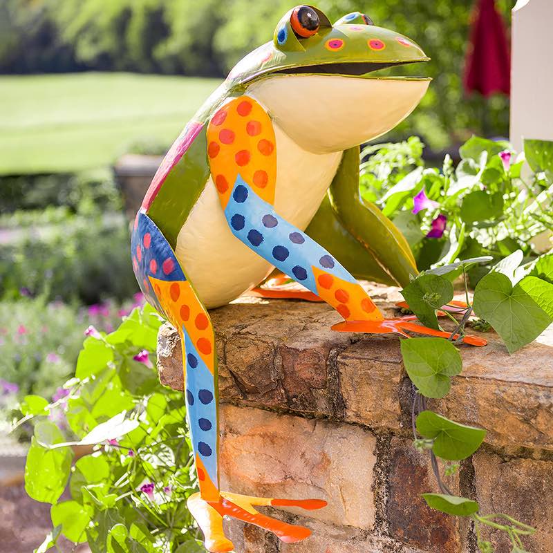 Large Colorful Handcrafted Metal Sitting Frog Garden Sculpture