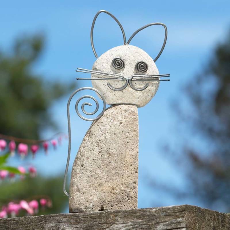 Handcrafted Natural River Stone and Metal Wire Cat Sculpture