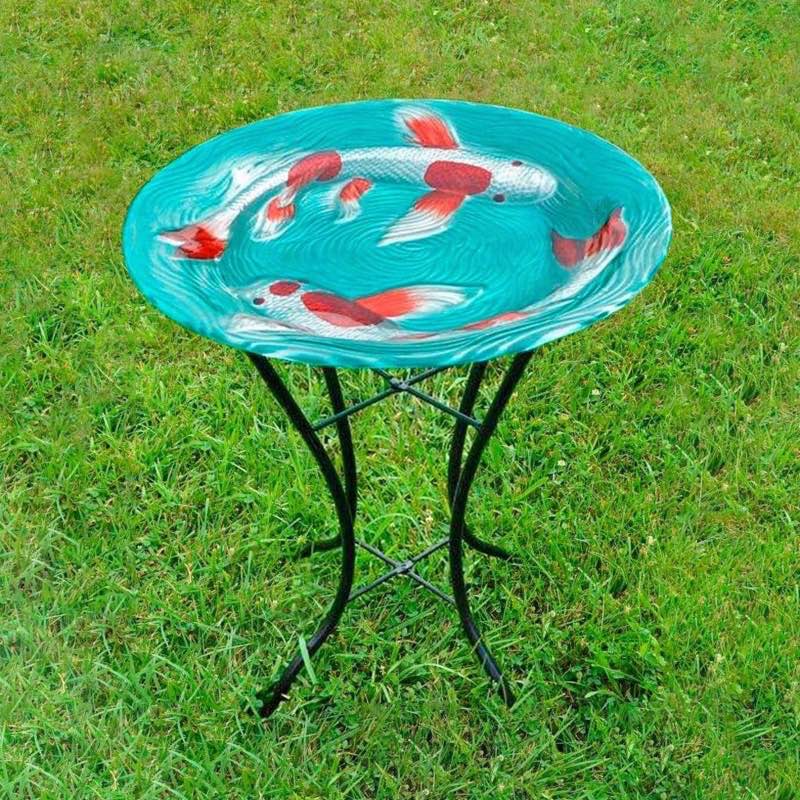 Glass Koi Birdbath with Metal Stand