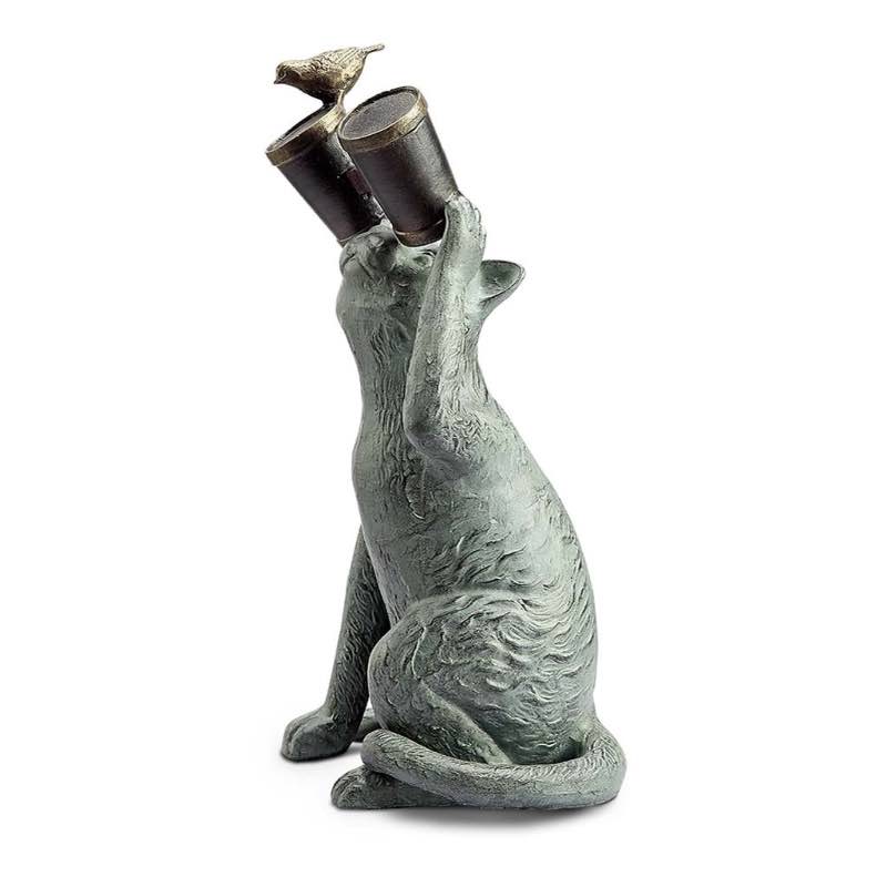 Handcrafted Observant Cat with Binoculars and Bird Sculpture