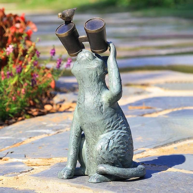 Handcrafted Observant Cat with Binoculars and Bird Sculpture