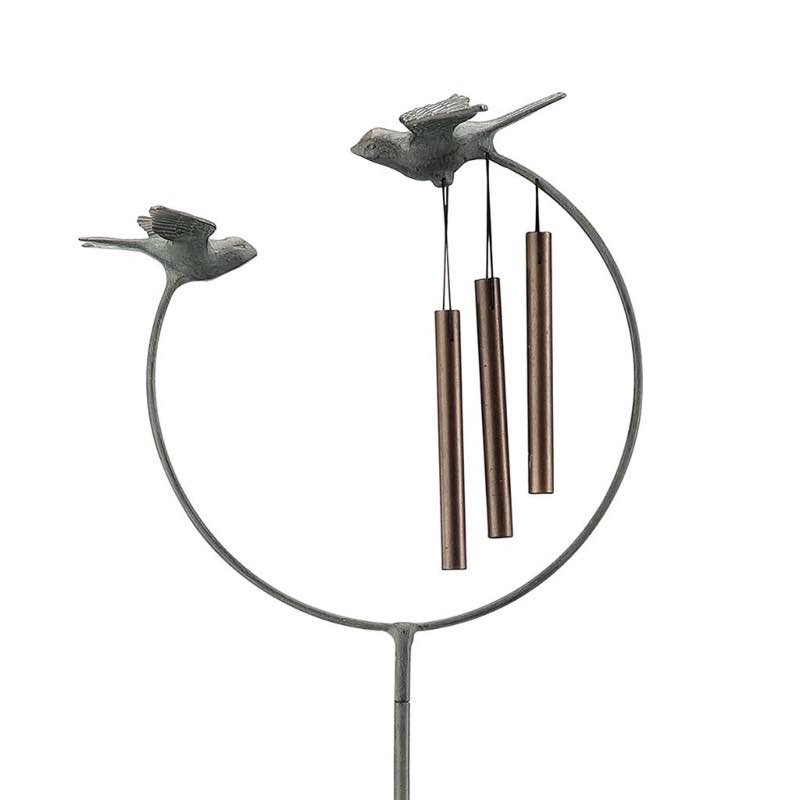 Cast Iron and Aluminum Two Birds Wind Chime Stake with Bronze-Colored and Verdigris Finishes