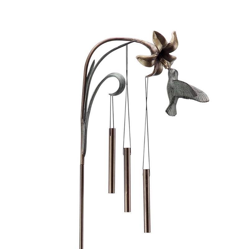 Cast Iron and Aluminum Hummingbird and Flower Wind Chime Stake w/Bronze-Colored and Verdigris Finish