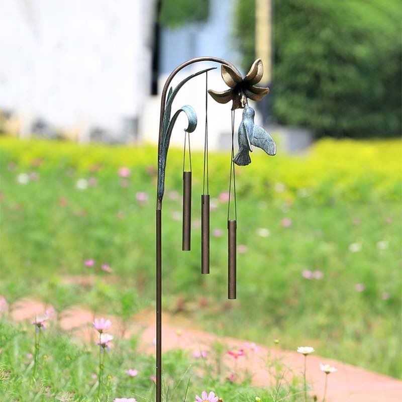 Cast Iron and Aluminum Hummingbird and Flower Wind Chime Stake w/Bronze-Colored and Verdigris Finish