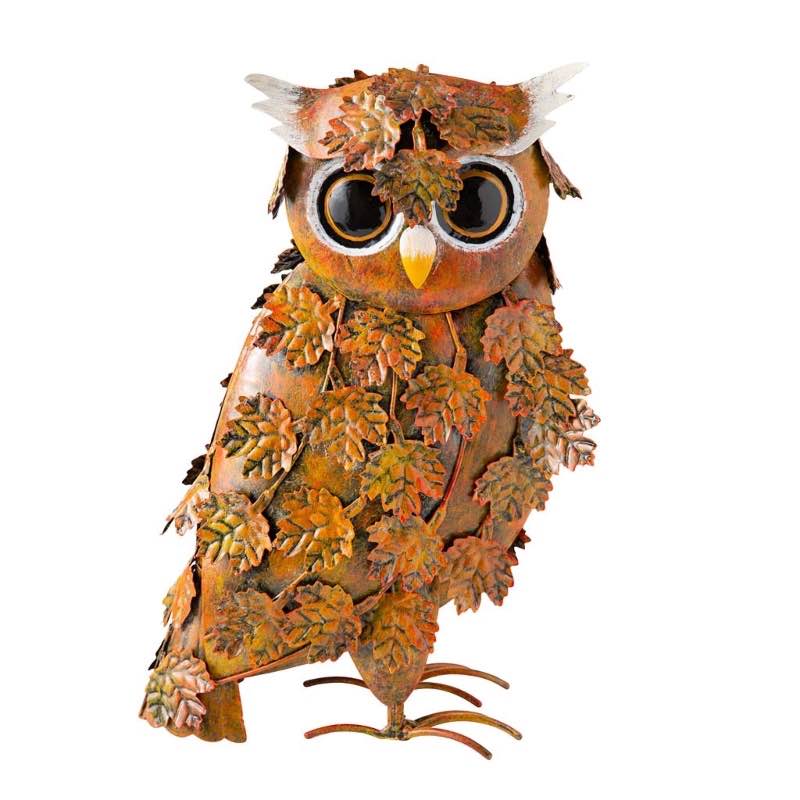 Handcrafted Fall Leaves Painted Metal Owl Garden Statue