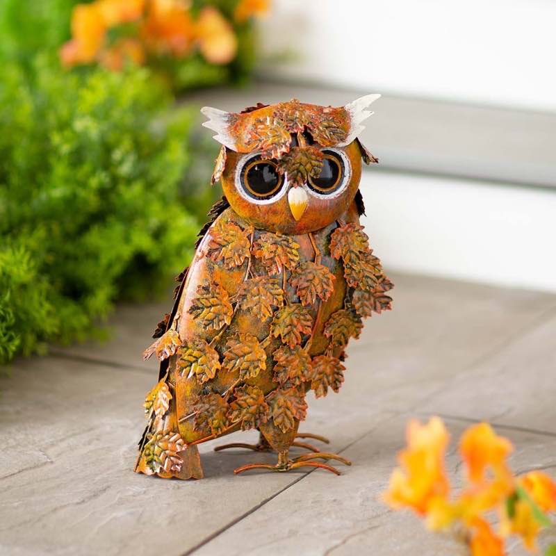 Handcrafted Fall Leaves Painted Metal Owl Garden Statue