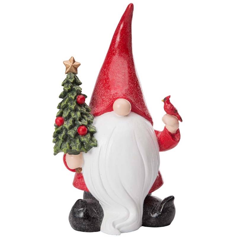 White-Bearded Gnome in Red Santa Suit with Christmas Tree and Cardinal