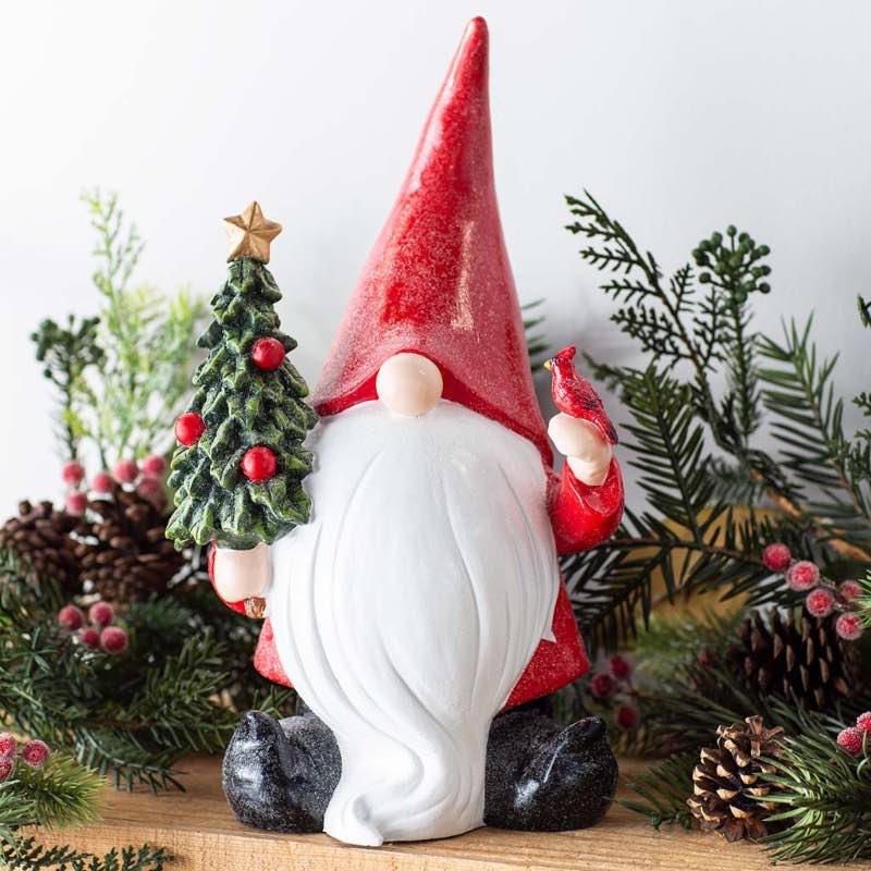 White-Bearded Gnome in Red Santa Suit with Christmas Tree and Cardinal