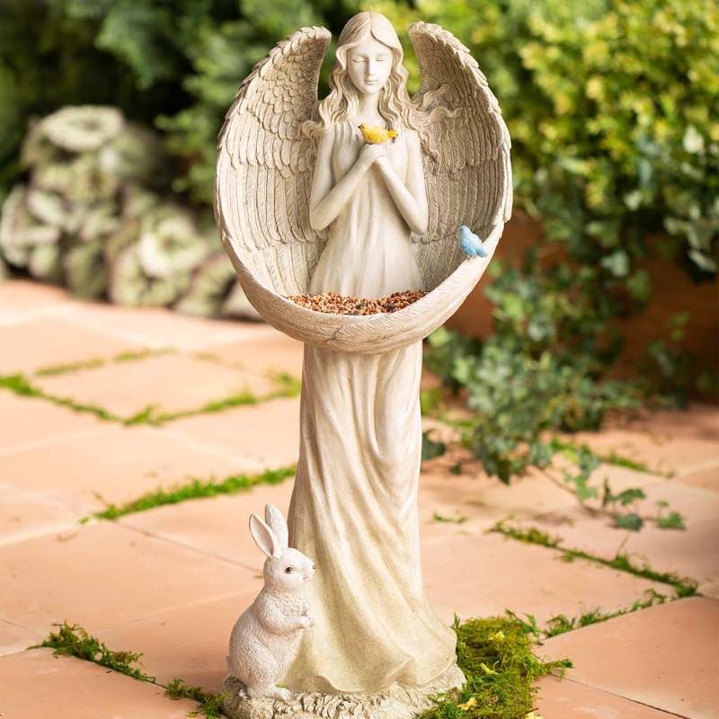 Angel Bunny Garden Statue and Bird Feeder