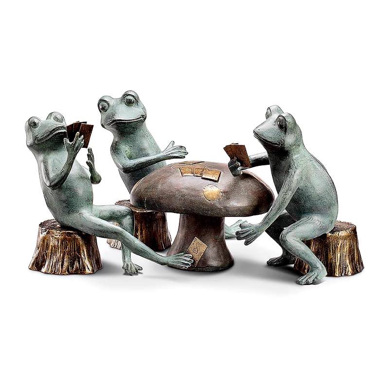 Three Frogs Playing Cards on Mushroom Garden Statue Set