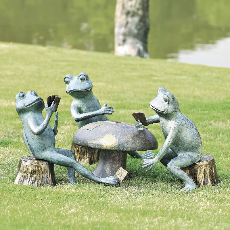 Three Frogs Playing Cards on Mushroom Garden Statue Set