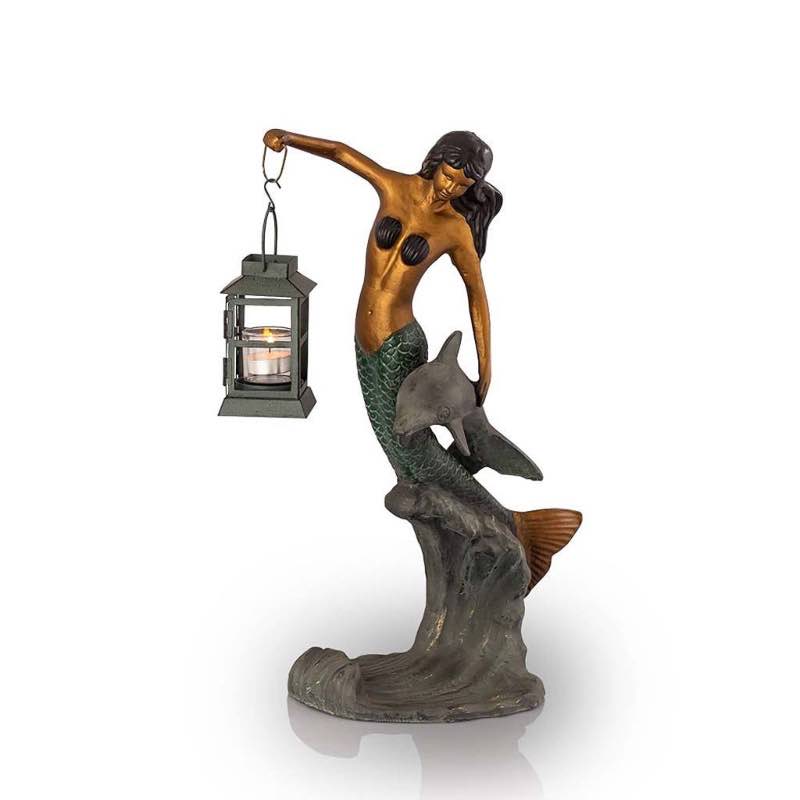 Recycled Aluminum Mermaid with Lantern Statue