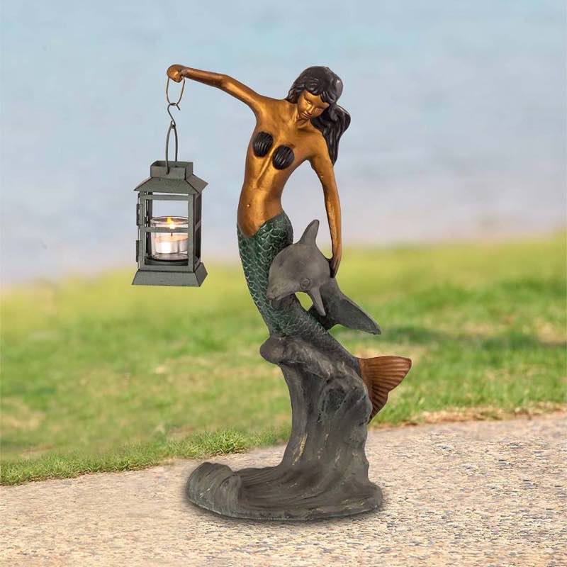 Recycled Aluminum Mermaid with Lantern Statue