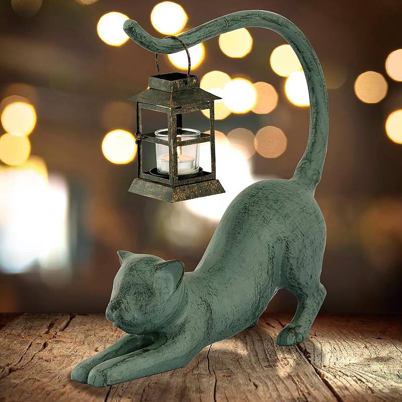 Recycled Aluminum Cat with Lantern Statue