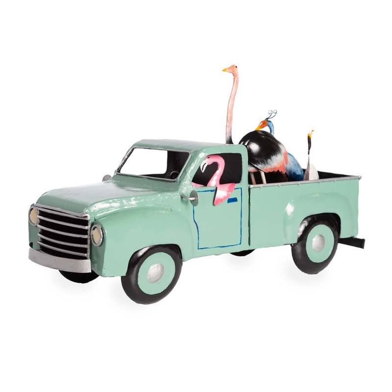 Retro Powder Blue Metal Truck with Flamingo and Birds