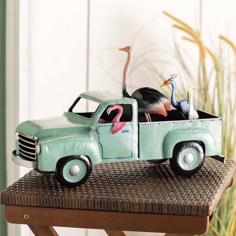 Retro Powder Blue Metal Truck with Flamingo and Birds