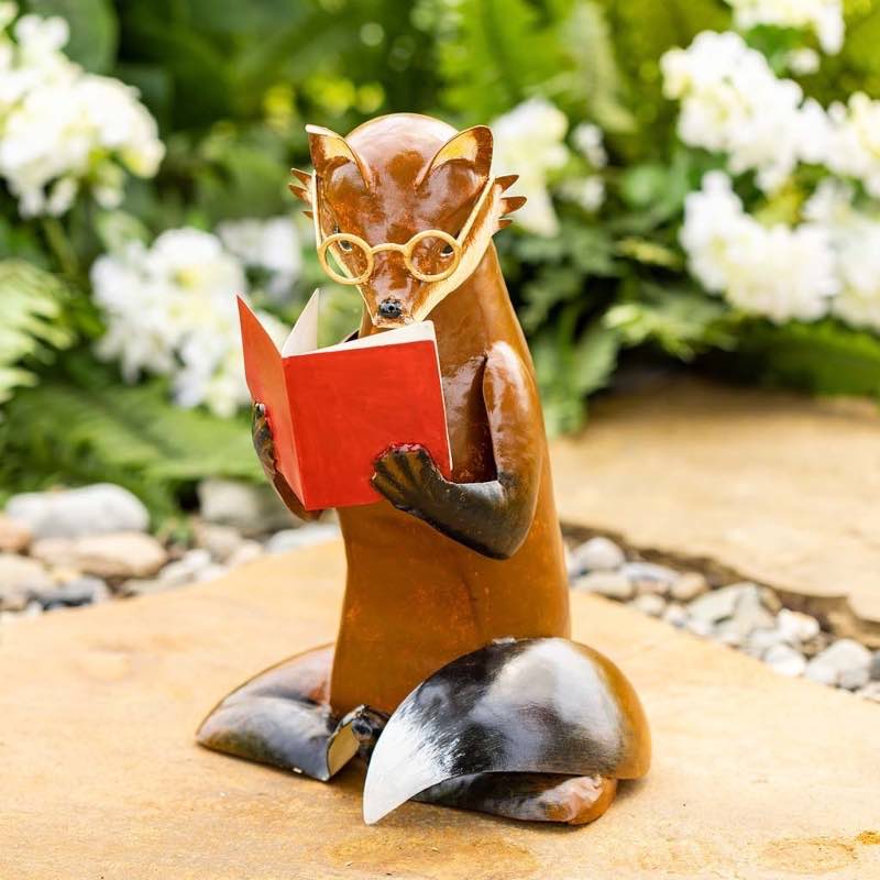 Metal Reading Fox Statue