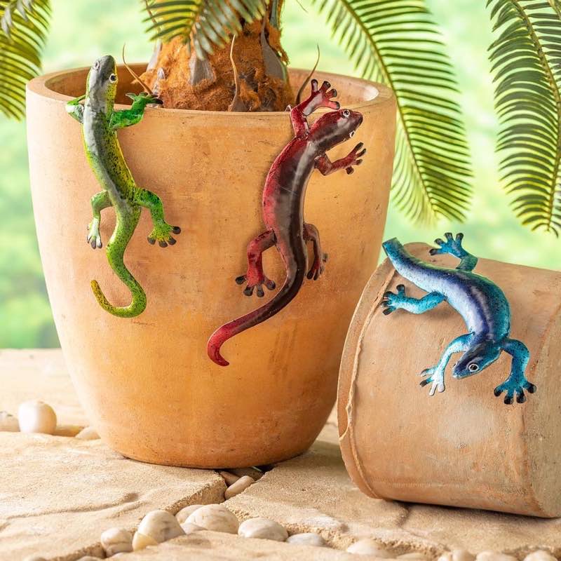 Reclaimed Metal Hand-Painted Gecko Pot Hangers, Set of 3