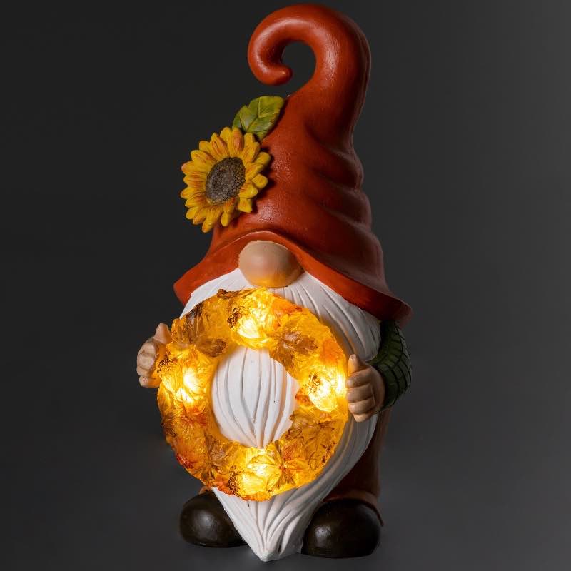 Lighted Sunflower Boy or Girl Gnome Statues - Wreath