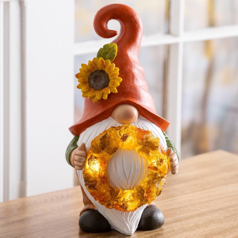 Lighted Sunflower Boy or Girl Gnome Statues - Wreath