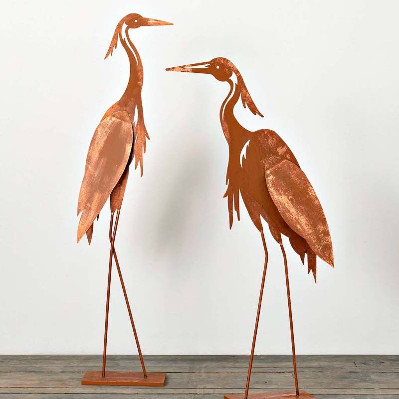 Metal Crane Copper-Colored Silhouette Statues, Set of 2